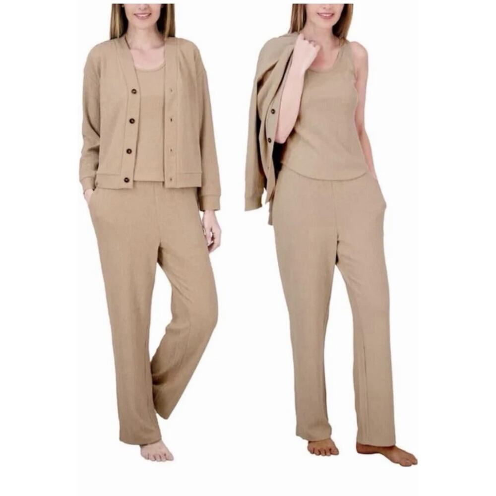Live2Lounge Women's 3-Piece Textured Cable Knit Lounge Set Tan X-Large NWT